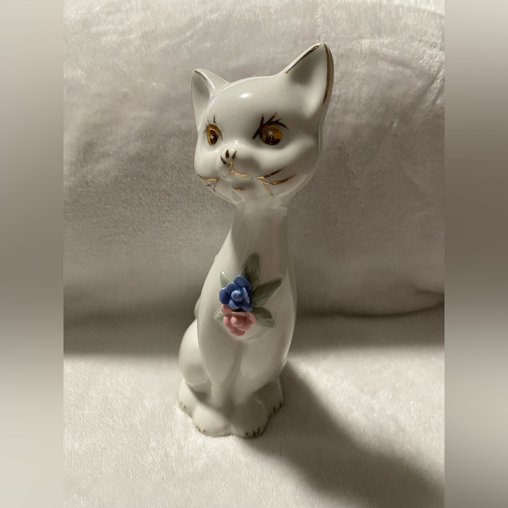 Cat MCM Hand Painted Long Neck Ceramic Cat With Flowers